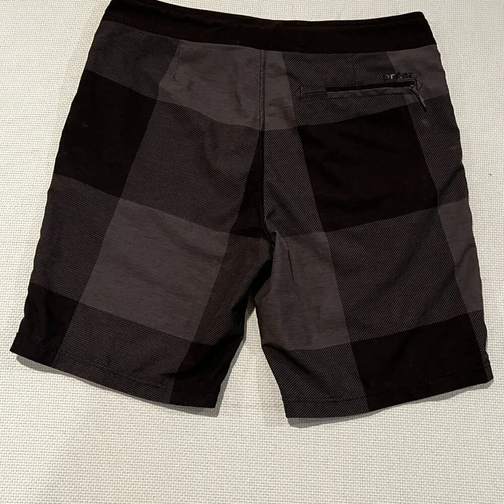 Prana Mens Board Shorts Charcoal Black‎ Plaid Recycled Stretch Swim Trunks 33